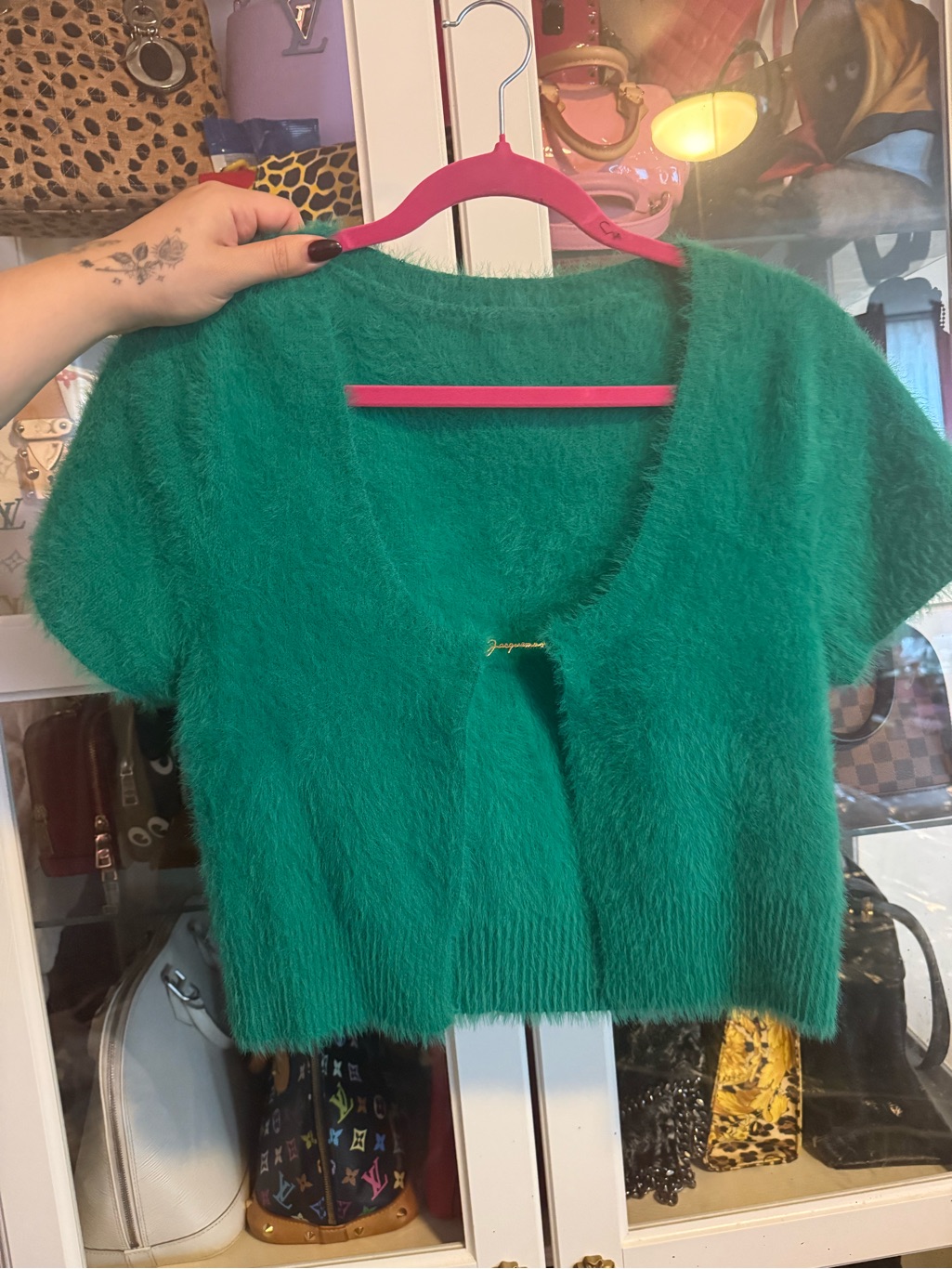 Jacquemus Green Fuzzy Short-Sleeve Cropped Sweater Cardigan